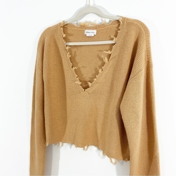 Lovers + Friends Revolve Camel Brown‎ Ribbed V Neck Sweater Distressed - Picture 6 of 9